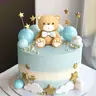 LaVenty Luxury Plastic Blue & Brown Bear Cake Topper Set - 1+15 Pieces, 5 x White Cake Balls, Multi-Size Bear Balls, Stars, Easy-Install Holders for Boy Birthday, Wedding Festive Supplies