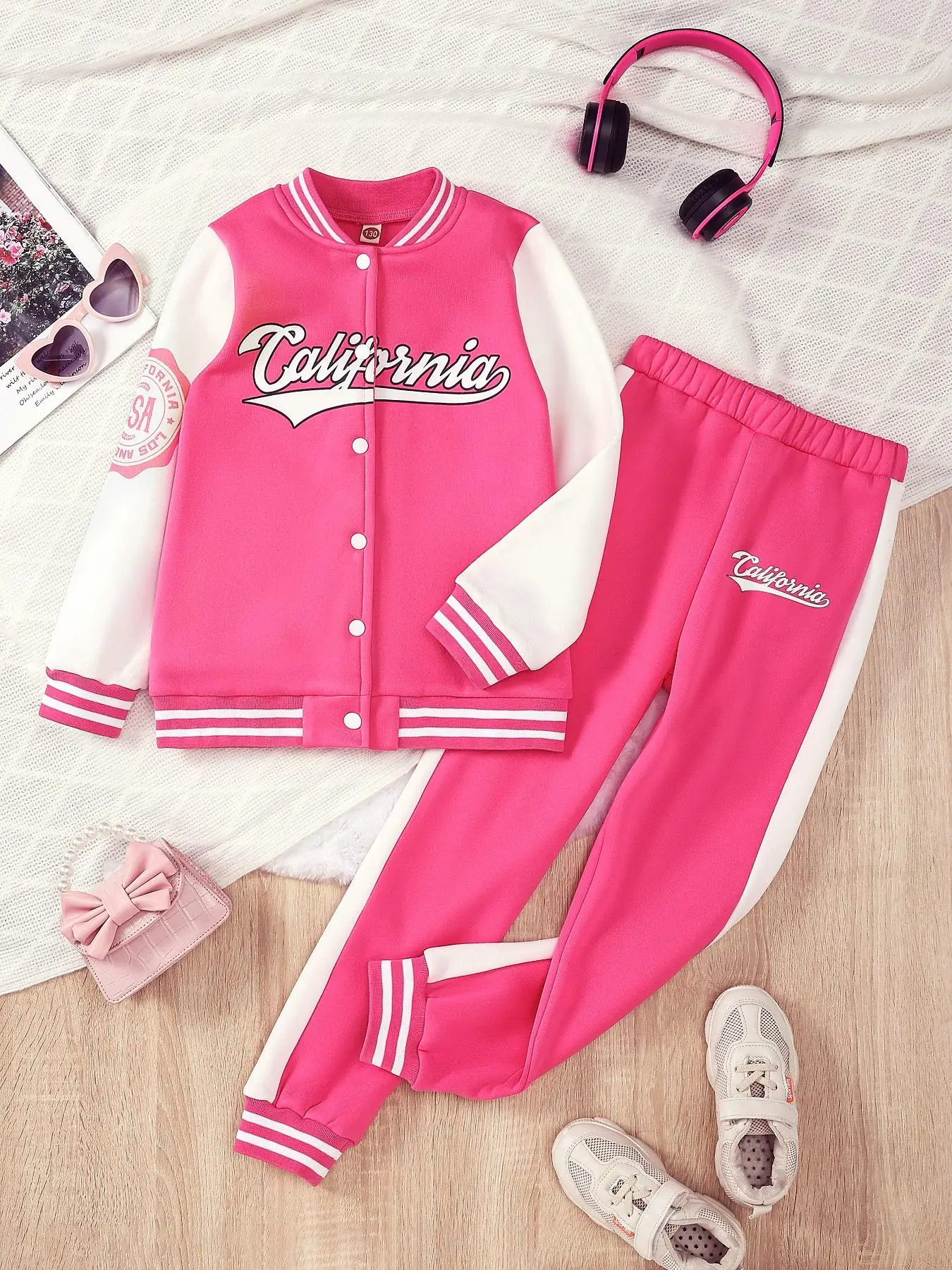 Two-Piece Set Girl's Colorblock Letter Print Button Front Jacket & Elastic Waist Pants Set, Casual Preppy Style Baseball Collar Long Sleeve Outerwear