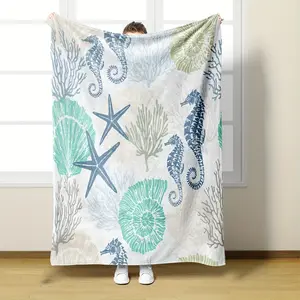 Beach Ocean Throw Blanket, Nautical Coastal Throw Blanket, Summer Blue and Teal Soft Plush Blanket, Ocean Animal Theme Decor Sofa Travel Camping, Soft Comfortable Warm Napping Throw, Couch Cozy Chic Blanket 2025