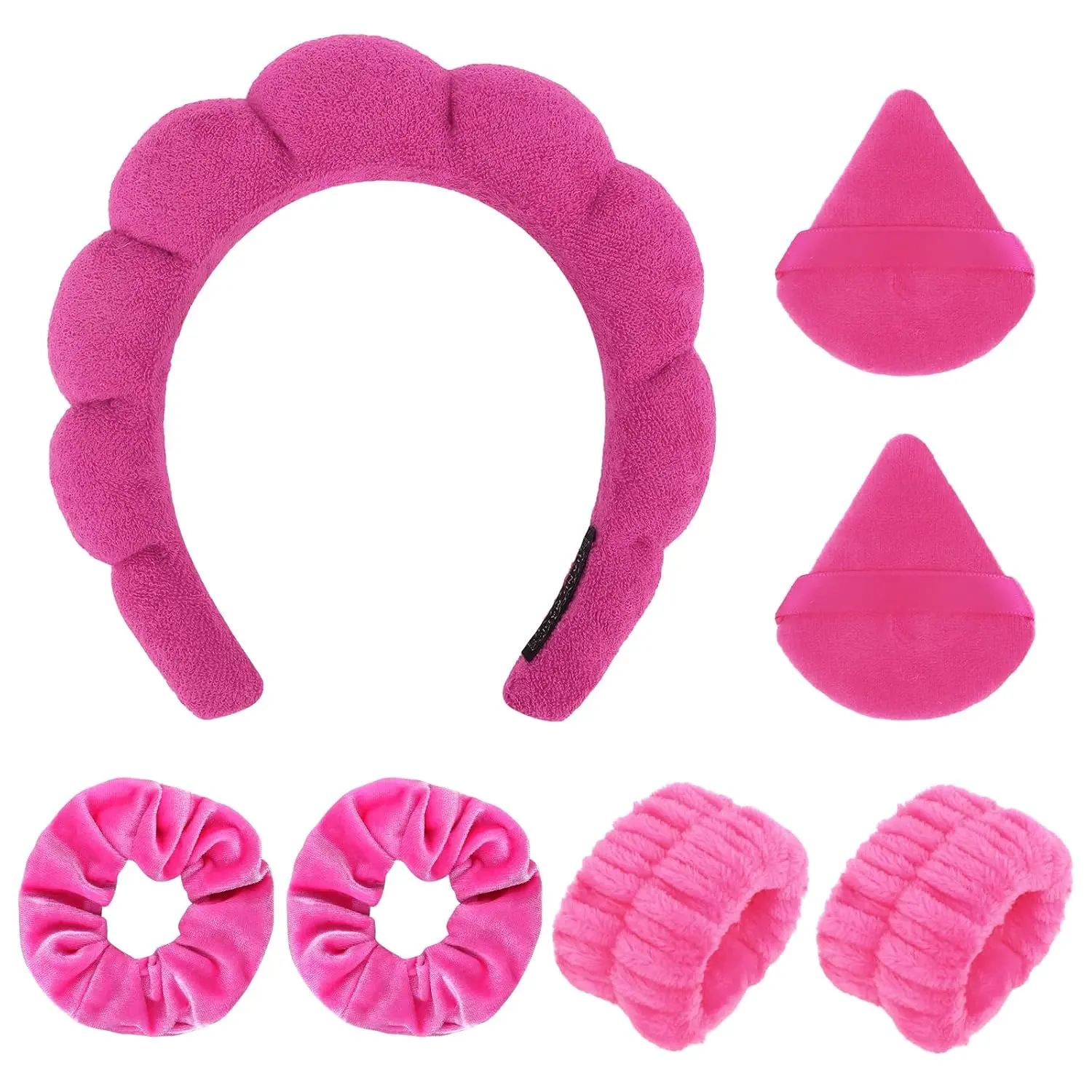 7Pcs Terry Cloth Puffy Rose Spa Set - Fashion Hair Accessories (Headband, Scrunchies), Wristbands, Powder Puffs, Skincare Makeup Remover Sponges