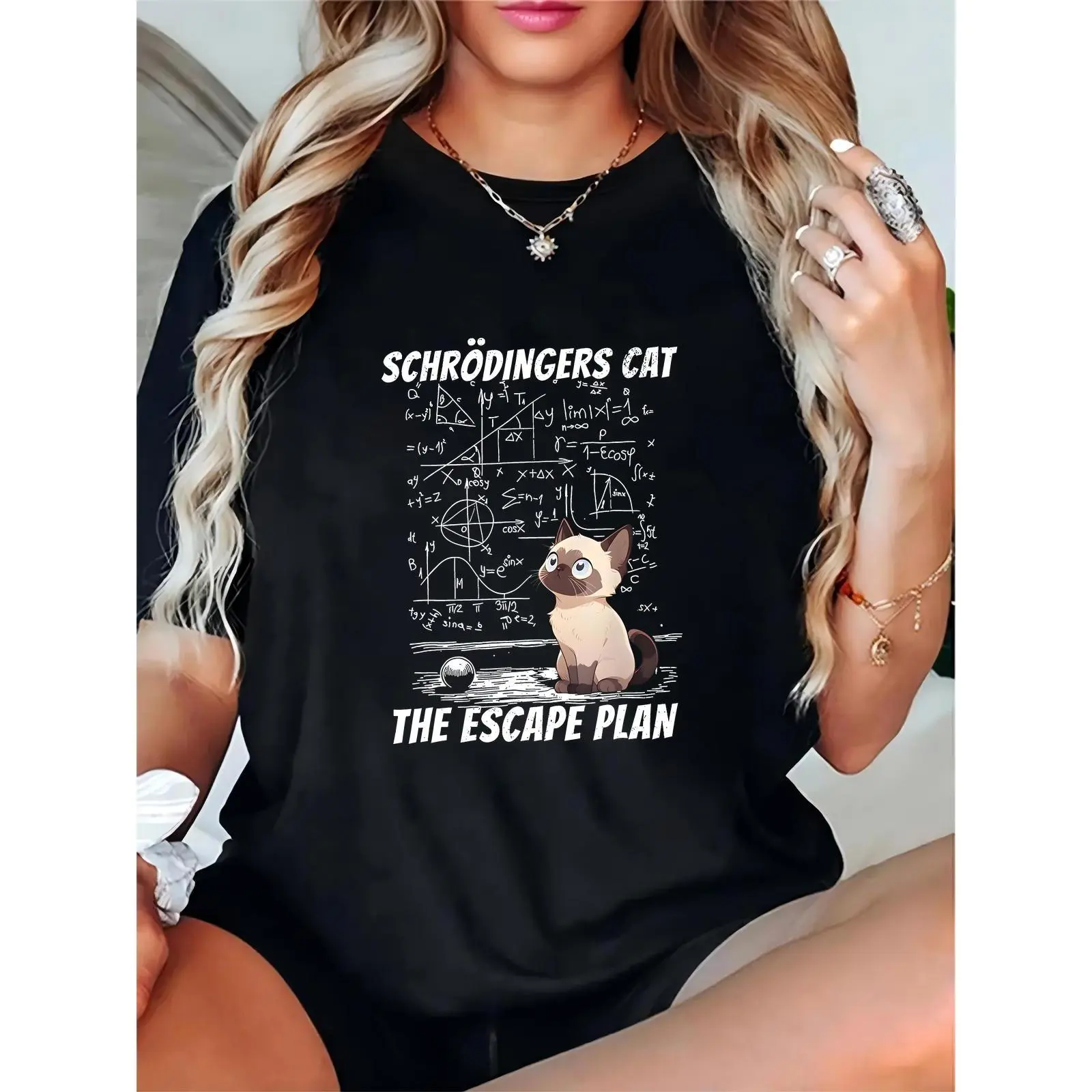 Women's Short-Sleeve Essential Elegant Schrödinger's Cat Math Equations Siamese "The Escape Plan" Prints T-Shirt - Day Wear for Science & Casual Daily Use