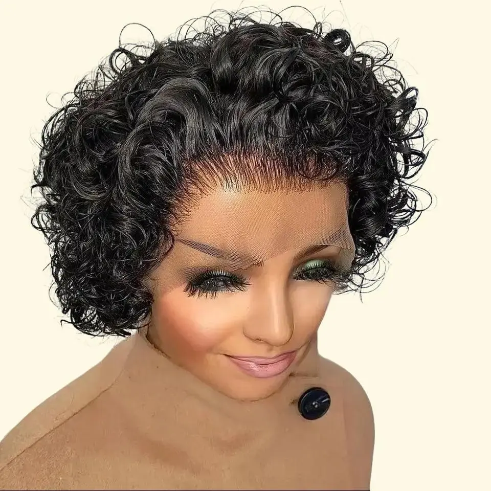 Short Curly Bob Pixie Cut gluless wig-Human Hair Lace Wig