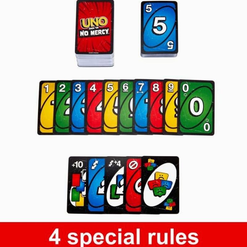 UNO Show ‘em No Mercy Plus Card Game in Storage & Travel Tin for Kids, Adults & Family Night with Extra Cards, Special Rules & Tougher Penalties
