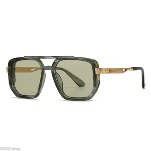Unisex Aviator Sunglasses, Double Bridge Frame with Gold Accents, Lightweight, Classic Design, Olive Black Gradient Brown Blue Lenses, for Outdoor Activities