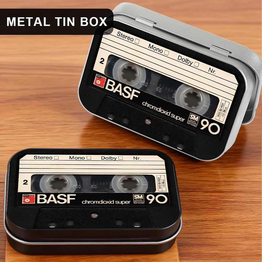 1Pc Retro Cassette Tape Metal Tin Box with Hinged Lid - Vintage Small Storage Containers, Collectibles Storage, Jewelry Boxes, Jewelry Holder for Earbuds, Jewelry - Durable Tinplate Organizer Case, Gift for Music Lovers & Collectors