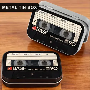 1Pc Realistic Retro Cassette Tape Metal Tin Box with Hinged Lid - Vintage Style Small Storage Containers for Earbuds, Jewelry, Coins & Small Tools - Durable Rectangular Tinplate Organizer Case, Gift for Music Lovers & Collectors