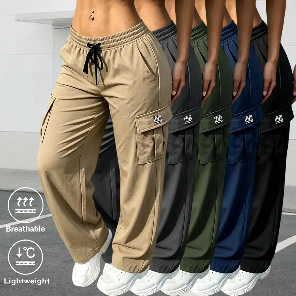 Women's Cargo Pants 5 Pack, Basic Mid Waist Casual Polyester Bottoms with an Elastic Waistband and Adjustable Drawstring, All Season