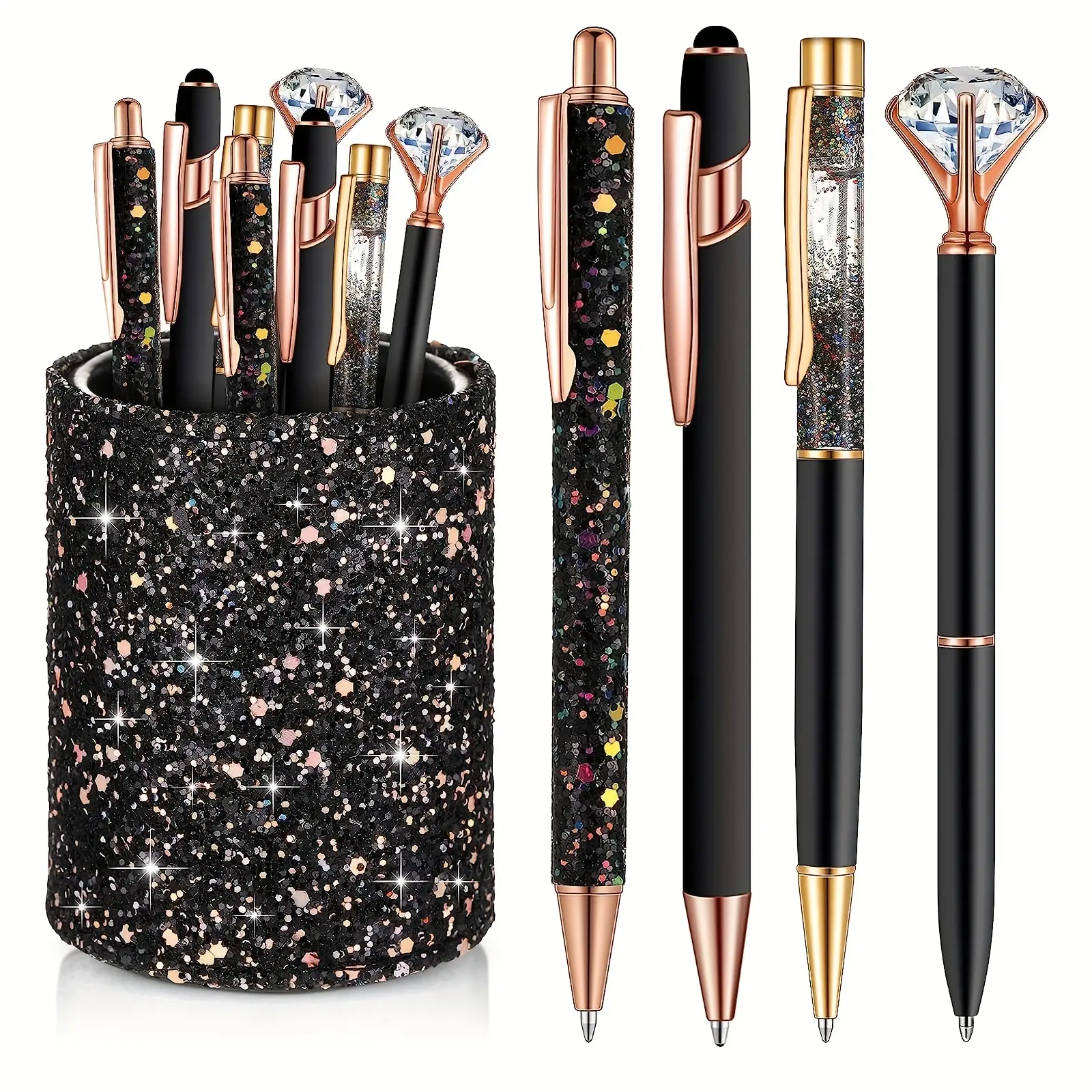 Ballpoint Pen with Glitter Pen Holder, 5pcs/set Creative Writing Pen, Desk Metal Writing Pen for Women Office School Teacher Gift