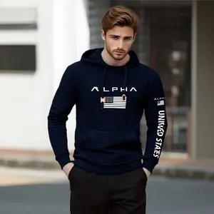 ALPHA Men's Patriotic American Flag Hoodie Navy Blue Slim Fit Waffle Texture Pullover Sweatshirt Machine Washable 4teenth Anniversary Edition Casual Everyday Wear Menswear Tops Long Sleeve Wetsuit quarter  zip  hoodie trendy casual outfit graphic pullover