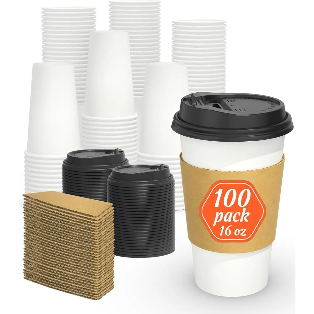 16 oz Disposable Cups with Lids and Sleeves, Sturdy Thick Non-Toxic Paper, Leak-Proof Insulated To-Go Kitchen Drinkware for Hot and Cold Beverages