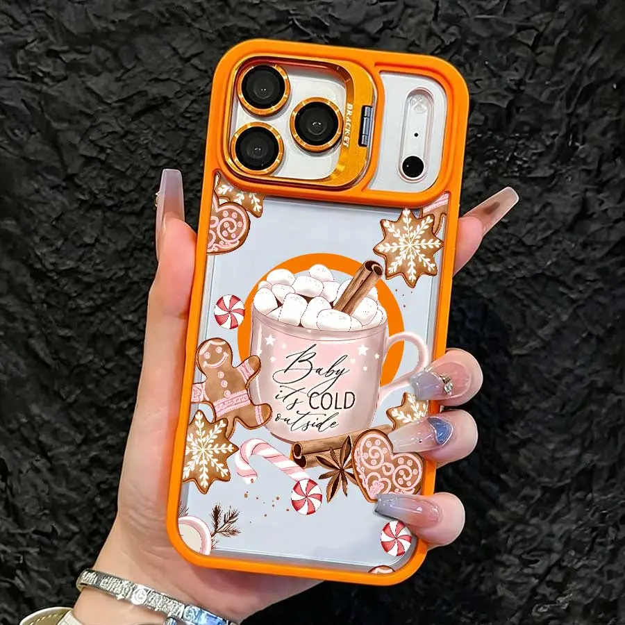 TPU Shockproof Transparent Phone Case for Multiple iPhones - With Orange Lens Bracket, Hot Cocoa, Gingerbread Man, Candy, Snowflake Print, Fashion Versatile Protective Cover, Compatible with iPhone 17 Pro Max,16,16 Plus,15,14,13,12, Ideal Holiday Gift