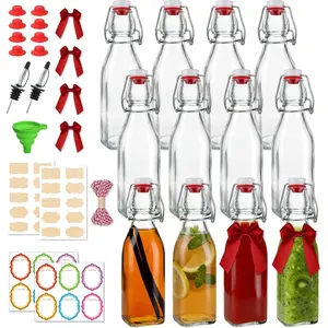 12 Pack 8oz Square Swing Top Glass Bottles Flip Top Bottles with Stoppers for Vanilla Extract Kombucha Kefir Home Brewing Fermentation & Gifting, Includes 8 Extra Seals & 2 Pourers