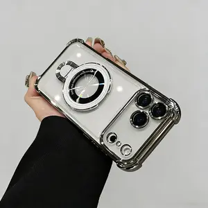 Fashion Airbag Corner Plating Shockproof Simple Clear iPhone 17 Pro Max Soft TPU Case with Magnetic Bracket Kickstand for Fundas Magsafe Cases 11-17 Plus Anti Drop Protective Dust-proof Cover
