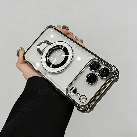 Soft TPU Magsafe Case with Airbag Corner Plating, Shock-Cushioned Tips, Magnetic Bracket Kickstand for iPhone 11 Pro, 11-18 Plus, 18 Pro Max - Fashion, Simple Clear, Anti-Drop, Shockproof, Dust-Proof Protective Cover