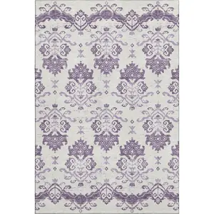 HomeRoots 663786 10 x 14 ft. Purple & Ivory Medallion Transitional Washable Machine Made Rectangle Area Rug with UV Protection, Large-Format Area Rugs, Machine-Washable Area Rugs