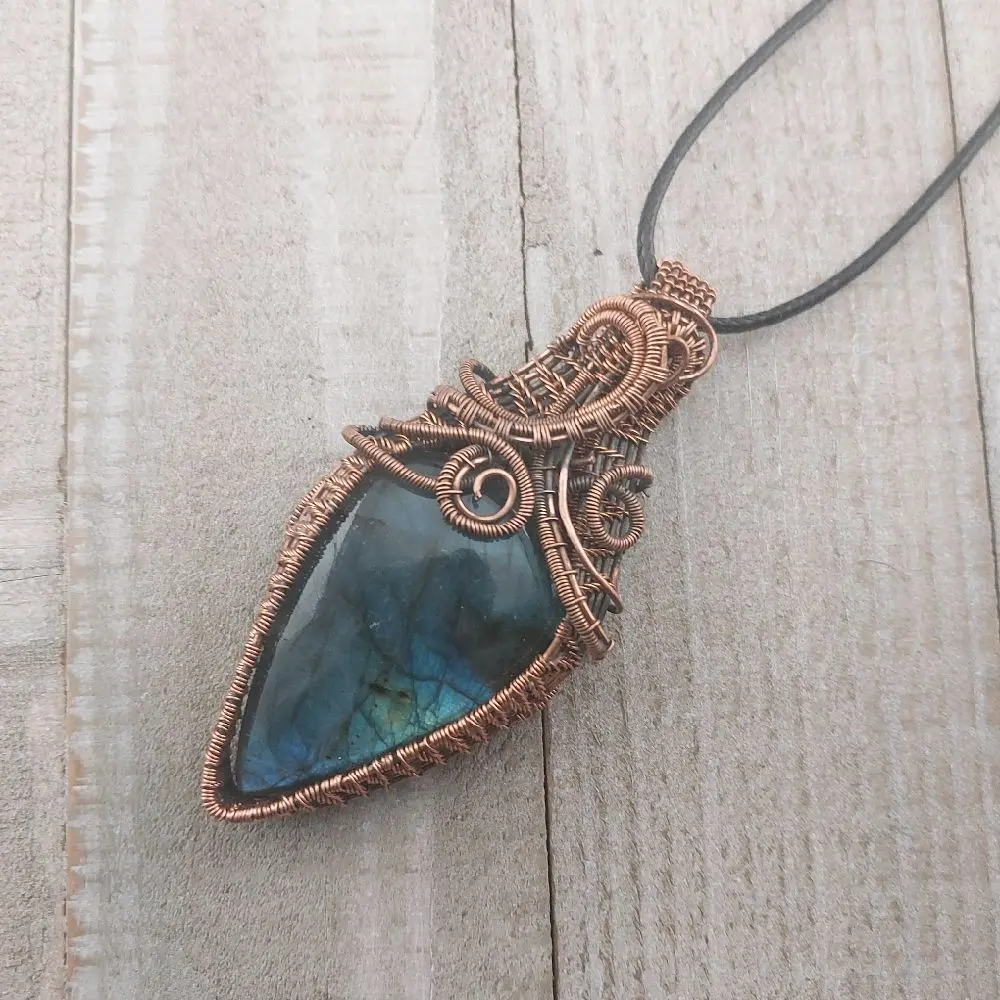 Handmade Wire Wrapped Blue Labradorite Pendant | Copper Coiled and Woven Necklace