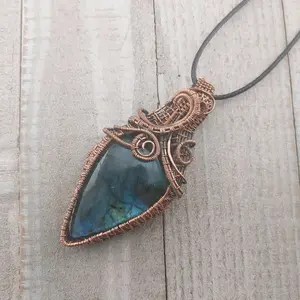 Handmade Wire Wrapped Blue Labradorite Pendant | Copper Coiled and Woven Necklace