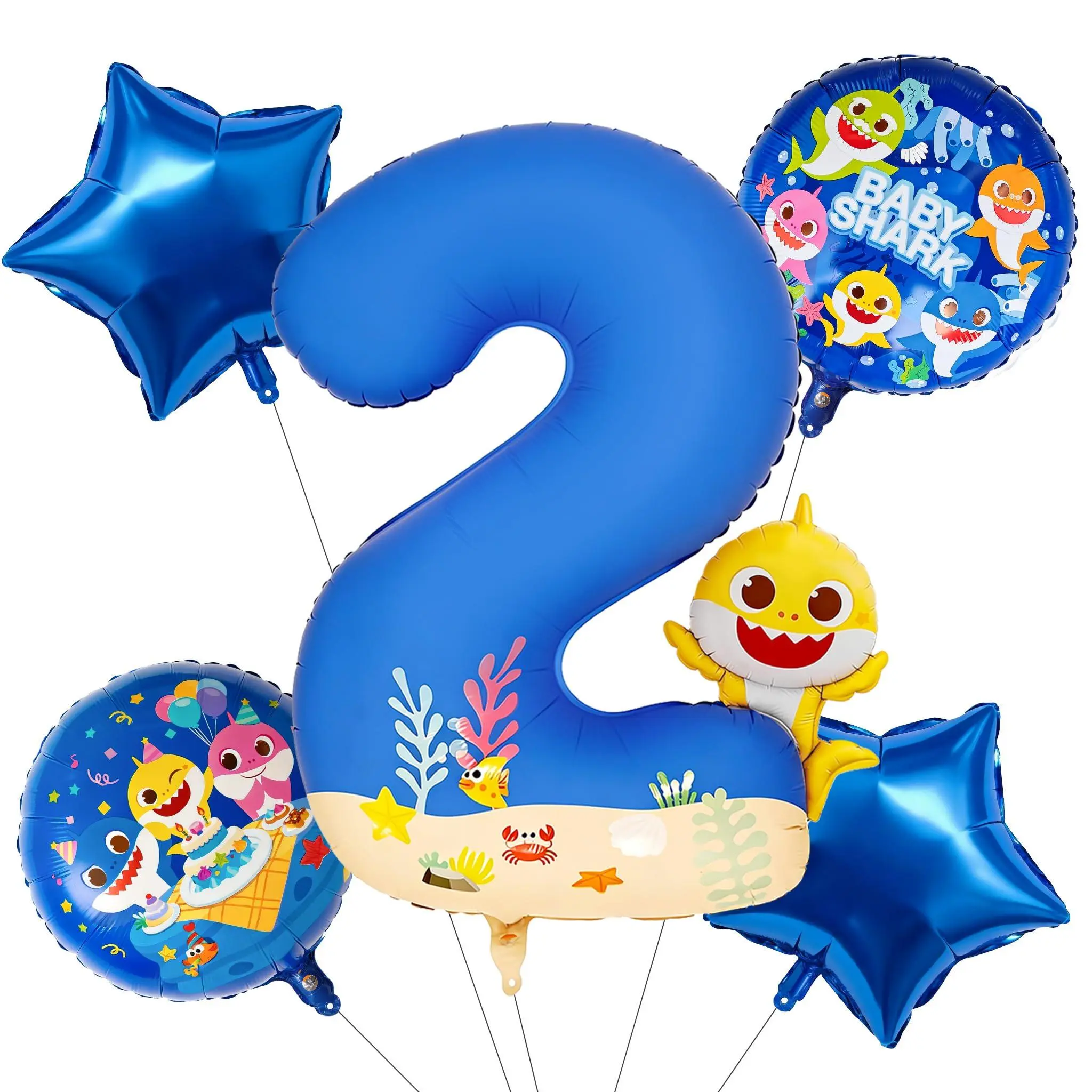 PartyWoo Blue Foil Number 2 Balloons (5pcs) - 40in & 18in Round Star Mylar Helium Floatable Decor, Character, Graphic, Letter Balloon Clusters for Kids' 2nd Under the Sea Ocean Birthday Party Supplies, Float, Balloon Clusters Balloons
