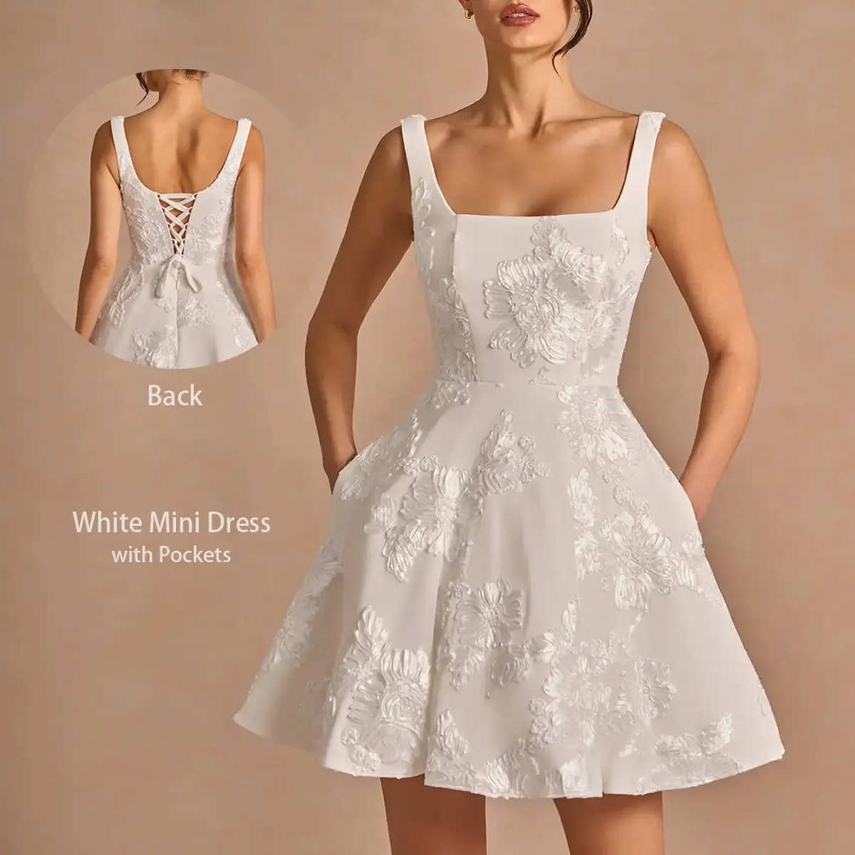 Women‘s White Dress 3D Embossed Jacquard Fabric Elegant Stylish For Wedding Ceremony Bridal Shower Party Vacation Dating