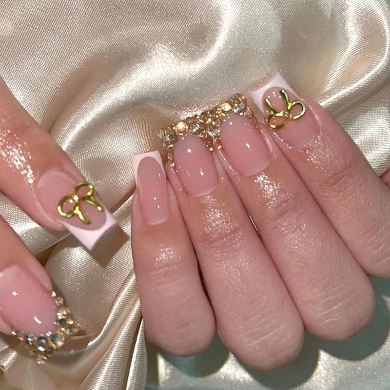 144 Pcs Press On Nails (6 Packs) | Nude Pink French, Bow & Floral Designs | Almond & Coffin Shapes | 3D Flower, Ribbon Bow & Glitter Styles | Reusable Stick On Nails with Jelly Glue | 12 Sizes