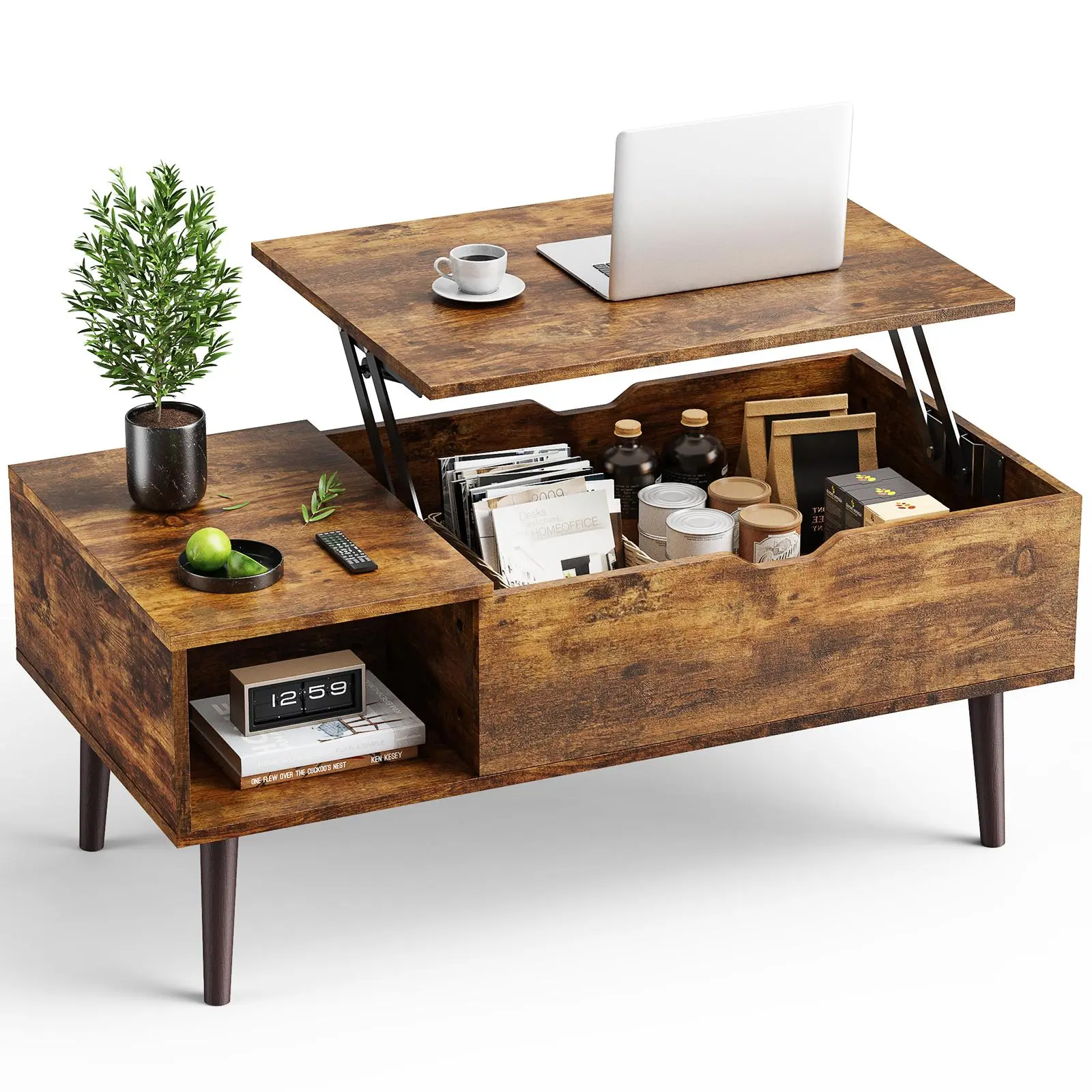 Sweetcrispy Modern Wooden Dual-Use Adjustable Coffee Table - Living Room Indoor Furniture with Lifting Tabletop, Storage Shelf, Hidden Compartment, Woodgrain Aesthetic, Space Saving Furniture for Office