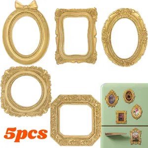 5PCS Mini gold frames Mini frame Small Picture Frames Magnetic Picture Frames for Refrigerator Vintage Picture frames Antique Vintage gold frame Jewelry Display Photo Frame Decor