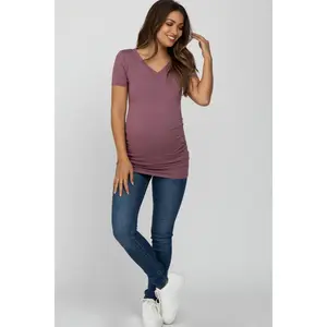 Mauve V-Neck Ruched Side Maternity Top