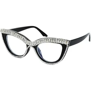 Diamond blue light blocking glasses, cat's eye water diamond, women's oversized anti eye strain computer glasses holder