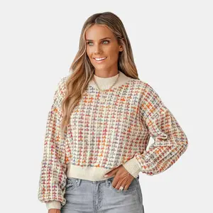 Women's Rainbow Stitching Drop Sleeve Cropped Sweater -Cupshe-S-Multicolored