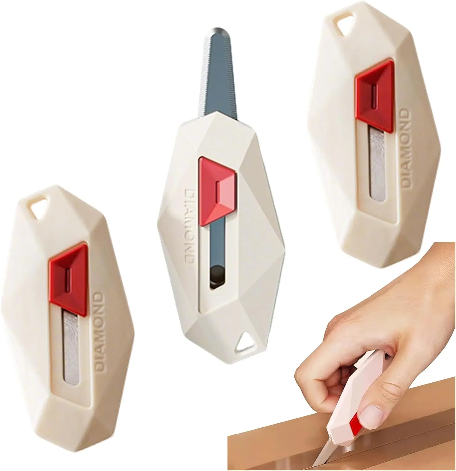 3-Pack Beige Magnetic Retractable Ceramic Box Cutter (2.56 in Length, 1.38 in Width) - Portable Auto-Retract Safety Blade Utility Knife, Office Cutting Supply for Home Office Unboxing, Plastic Containers, Food Packaging (Home Supplies, Party Gifts)