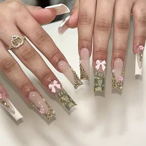 Handmade Press-on Nails | Long Waterpipe Design | Full Glitter Bow & French Tip