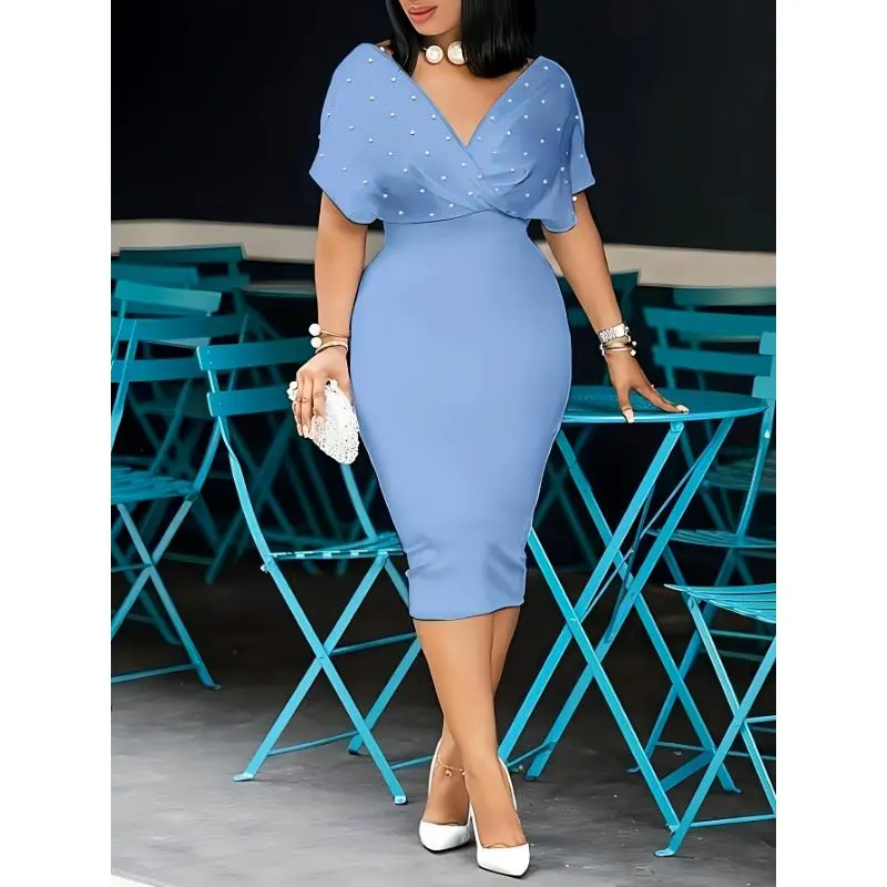 Women's Chic Beaded Maxi Dress - Surplice Neck, Batwing-Sleeve or Short-Sleeve, Classy Comfortable Elegant Style Formal Wear for Cocktail Party, Spring Summer Events - TikTok Shop Women's Chic Beaded Maxi Dress - Surplice Neck, Batwing-Sleeve or Short-Sleeve, Classy Comfortable Elegant Style Formal Wear for Cocktail Party, Spring Summer Events - TikTok Shop