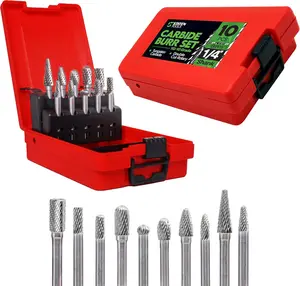 Carbide Burr Set 1/4'' Shank - 10pcs Double Cut Die Grinder Bits for Milling, Engraving, Carving, Deburring & Drilling Wood & Metal - Tungsten Carbide