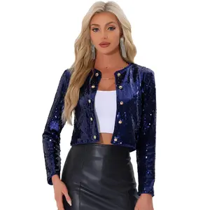 Allegra K Women's Button Long Sleeve Open Front Cropped Party Club Sequin Cardigan Dark Blue Large