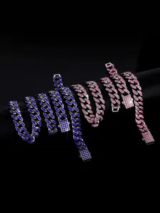 Hip Hop Punk Blue/ Iced Out Binging Cuban Chain Stacked Necklace Bracelet Jewelry Set, High Quality Sparkling Colorful Gift for Men Women