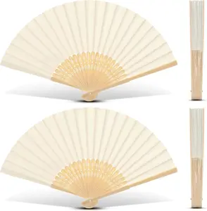 4 Pack Cream Paper Folding Hand Fans - 8.3 Inch Handheld Folded Craft Line Dancing Fans for Weddings Outdoor Party Favors for Women Bridal DIY Decoration Photography Prop