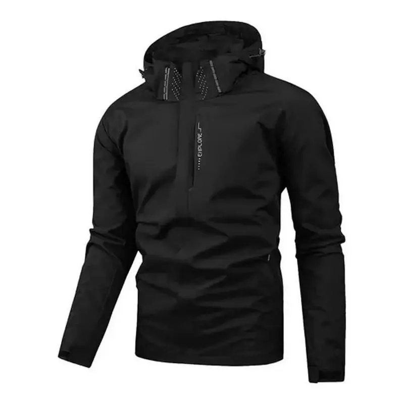 Men's Full-Zip Hooded Waterproof Jacket with Adjustable Hood Casual Outdoor Rain Coat BlackGift