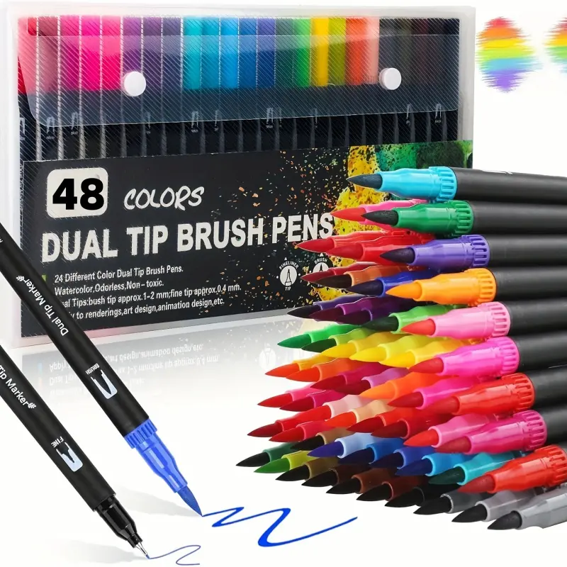 48 Dual-Tip Colored Art Markers Set, Art Drawing Supplies, Ideal for Adult Coloring Books, Christmas Card Drawing, Note-Taking, Sketching, Calligraphy and Journaling, Brush Pens