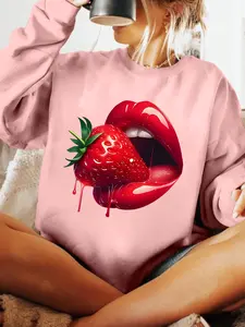 Plus Size Strawberry Print Pullover Sweatshirt, Casual Round Neck Long Sleeve Fitted Top for Fall & Winter, Moderate Fabric Women's Clothing