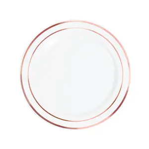 White Plastic Dinner Plates with Rose Gold Trim - 25 Ct.