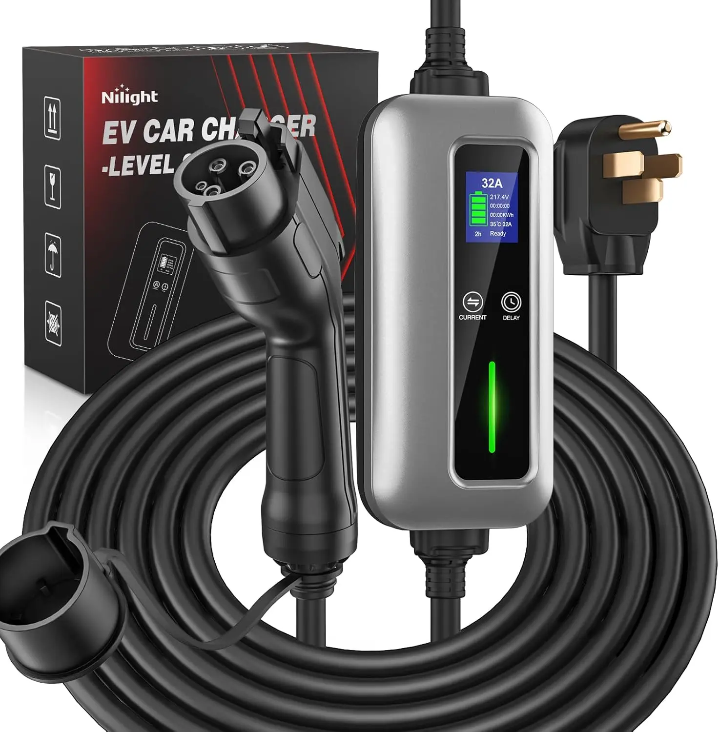 Nilight Level 2 Portable Fast EV Charger, 32A 240V, 25ft SAE J1772 Cable, NEMA 14-50P Plug, 7 Current Level Options, Adjustable Current & Delay Timer, Charger Compatible with All SAE J1772 EVs, FCC & CE Certified, Fast Car Charger, Super Fast Charging