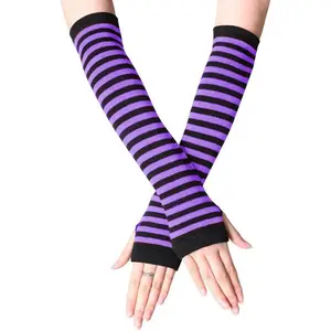 Womens Punk Gothic Long Arm Warmers Striped Fingerless Gloves Winter Knitted Stretchy Mittens Thumb Hole Wrist Warmer