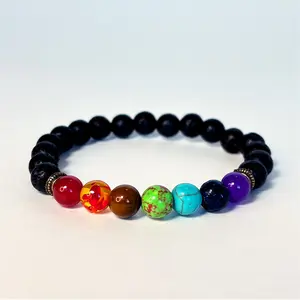 7 Chakra Crystal Bracelet - Stretchable Bracelet - 8mm Lava Rock & 7 Chakra Gems