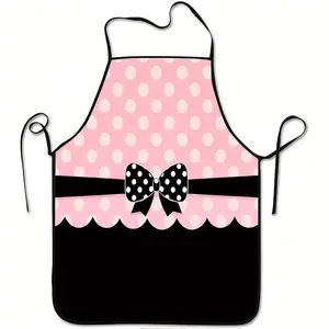 A pink polka dot bowtie printed apron, durable and easy to clean, with an adjustable waistband, made of polyester, suitable for kitchen cooking, gardening, orchard picking, Christmas, Halloween and other occasions, Easy Cleaning Apron