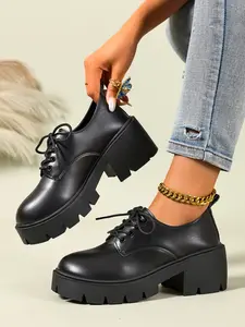 Women's Casual PU Leather Walking Shoes, Thick Sole Chain Print Design, All-Season Comfortable Footwear, Perfect for Daily Wear Oxford shoes