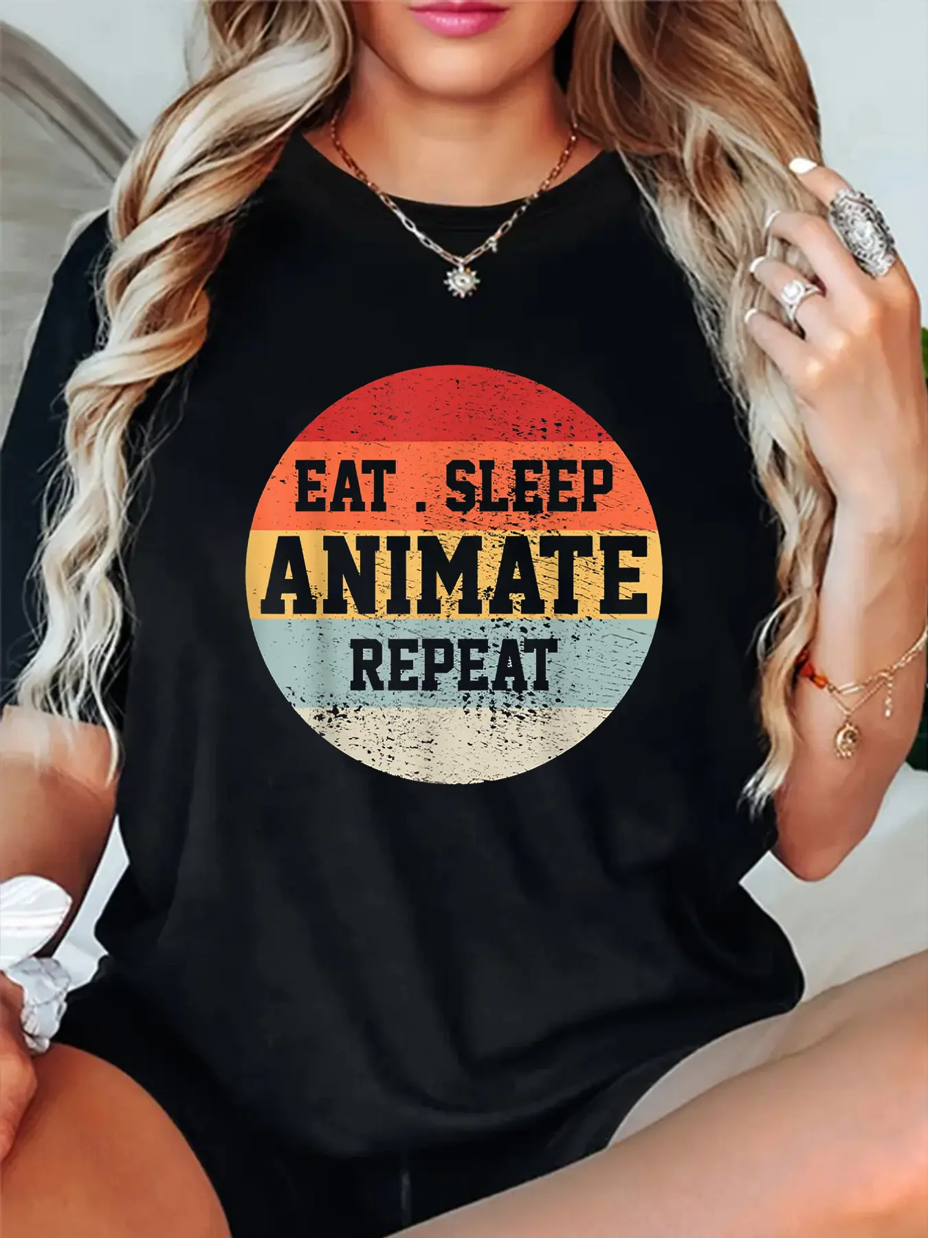 100% Cotton Unisex EAT SLEEP ANIMATE REPEAT Print Crew Neck T-Shirt, Women Graphic T Shirts, Casual Short Sleeve T-Shirt For All Seasons, Women'S Clothing