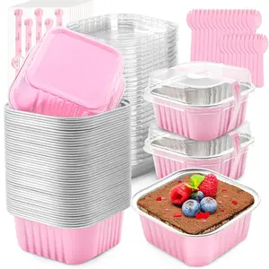 60 Pack Mini Cake Pans with Lids Mini Aluminum Pans, Disposable Loaf Boxes Cupcake Liners with Lids for Pudding, Souffle, Party, Wedding