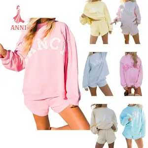 Women's Sweat Set Loose Fit Casual Stylish Letter Embroidered Long Sleeve Sweatshirt and Wide Leg Shorts 2 Pcs Set