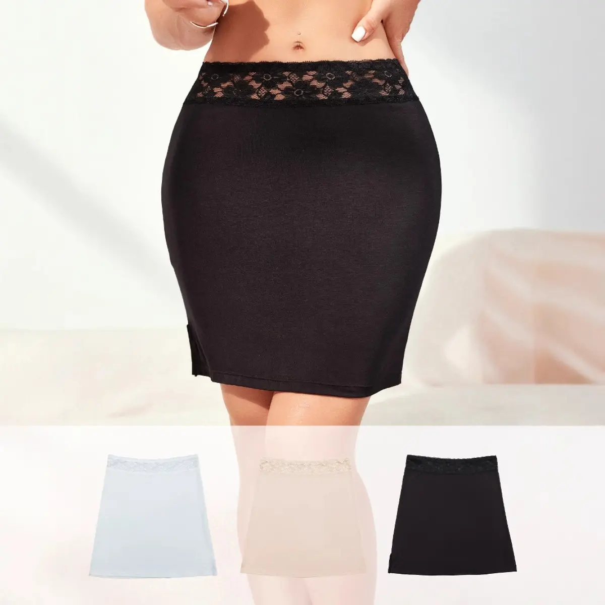 Women Side‑Slit Slip Underskirt, Lace Spliced Anti‑Static Plus‑Size Anti‑Chafing Pencil Half Slip Skirt