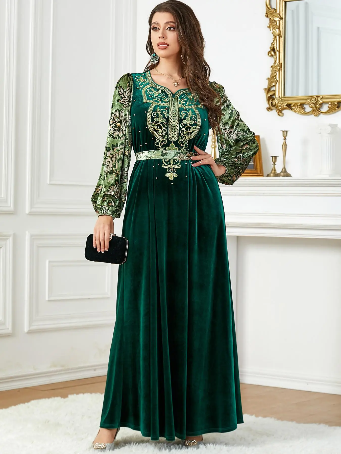 Arabic Clothing-Floral Embroidered Bead Decor Belted A Line Dress, Elegant Bishop Sleeve Maxi Dress for Party Wedding Guest, Ladies Islamic Clothing,